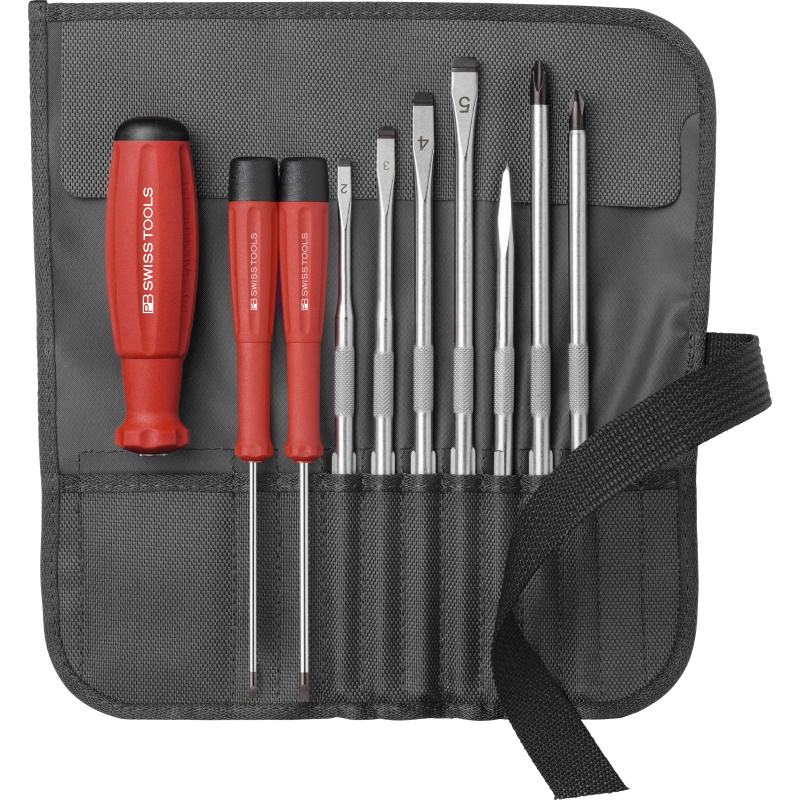 PB Swiss Tools 8218.BK Schraubendrehersatz mit Wechselklingen in Rolltasche, Schwarz