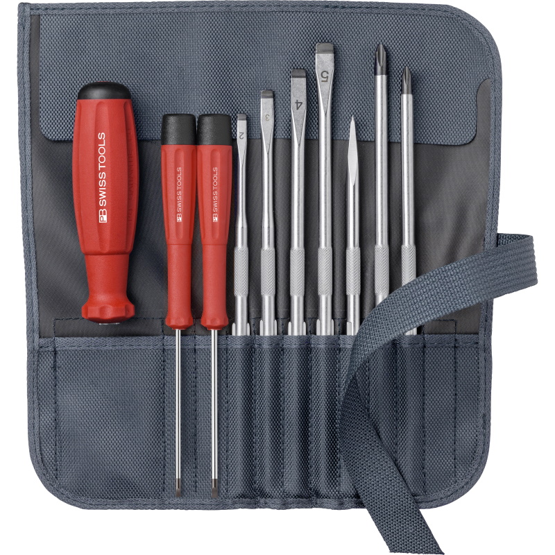 PB Swiss Tools 8218.GY Schraubendrehersatz mit Wechselklingen in Rolltasche, Grau