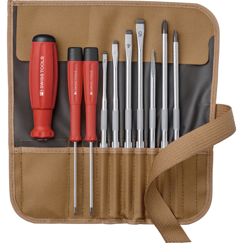 PB Swiss Tools 8218.TO Schraubendrehersatz mit Wechselklingen in Rolltasche, Tobacco